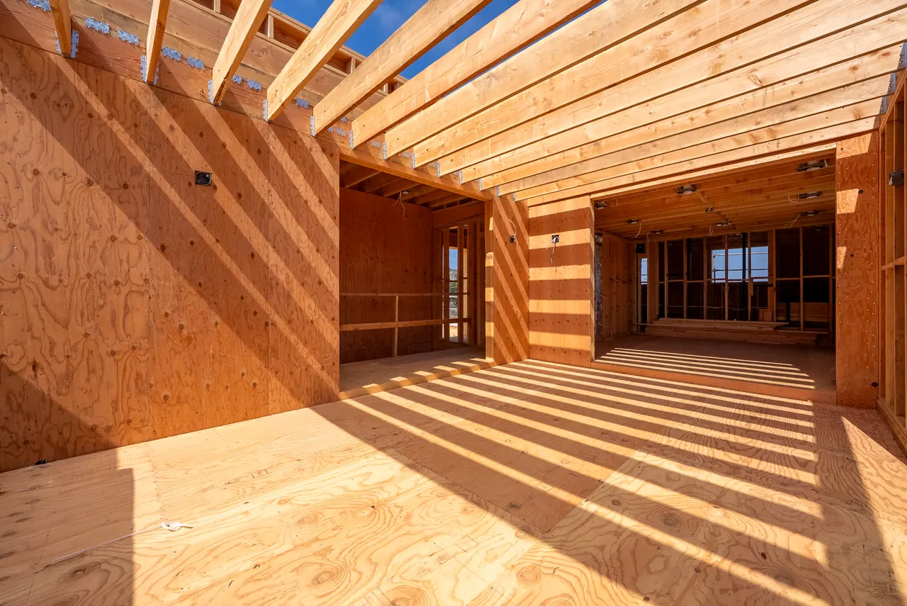 Open wood-framed room with exposed roof rafters and afternoon light streaming across the plywood subfloor